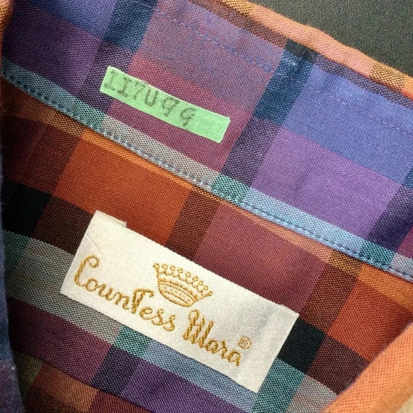 Vintage Men's Countess Mara Plaid Shirt Orange Purple Size Medium 18.5 - Picture 8 of 11